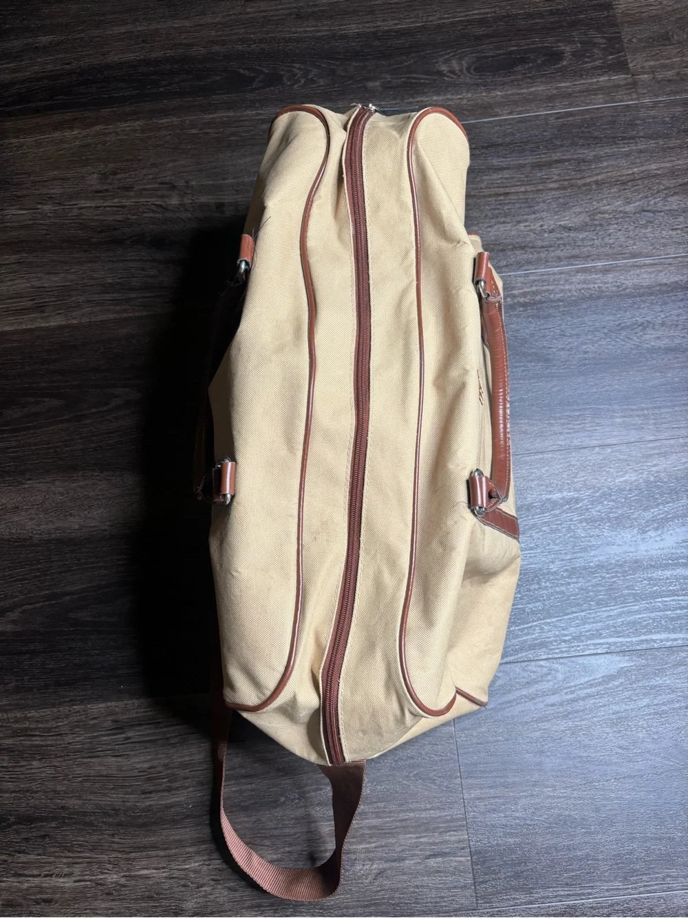 Vintage Ralph Lauren Mens Beige & Brown Canvas With Shoulder Strap Travel Duffle